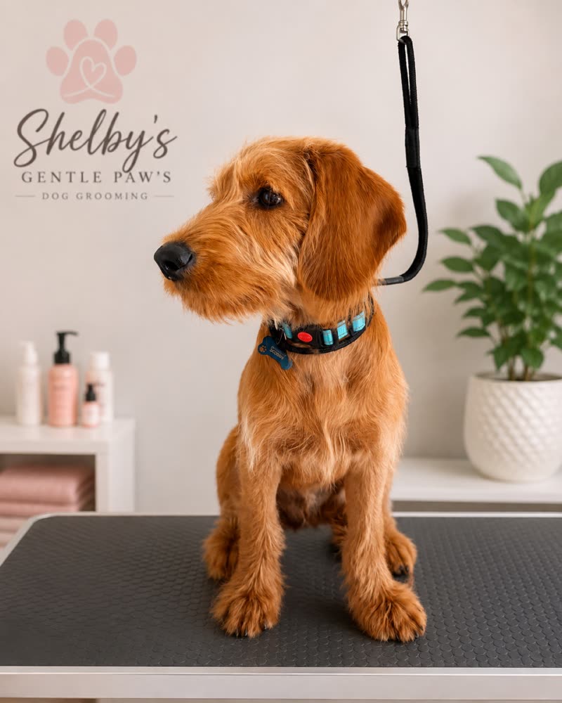 A tan wire-haired terrier sitting on the grooming table, with grooming products and a plant on the shelf behind